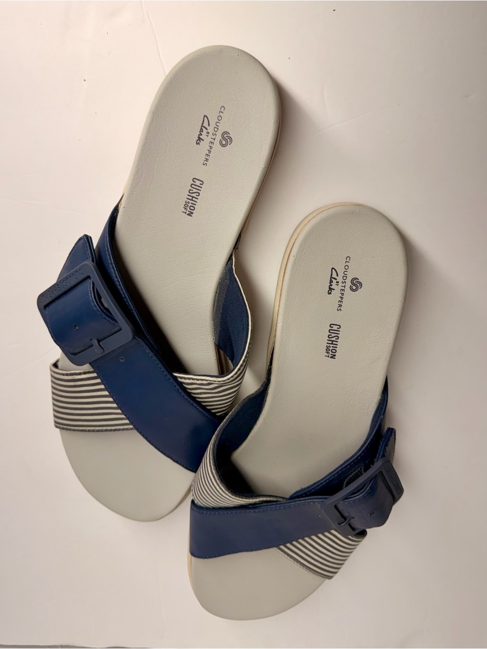 Clarks Navy and White Striped Buckle Slide Sandals